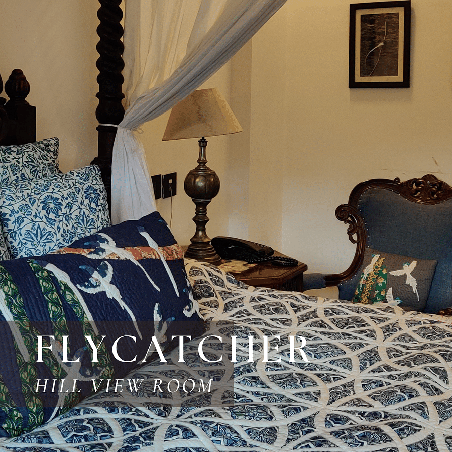 A bed with a patterned quilt - Flycatcher Hill View Room.